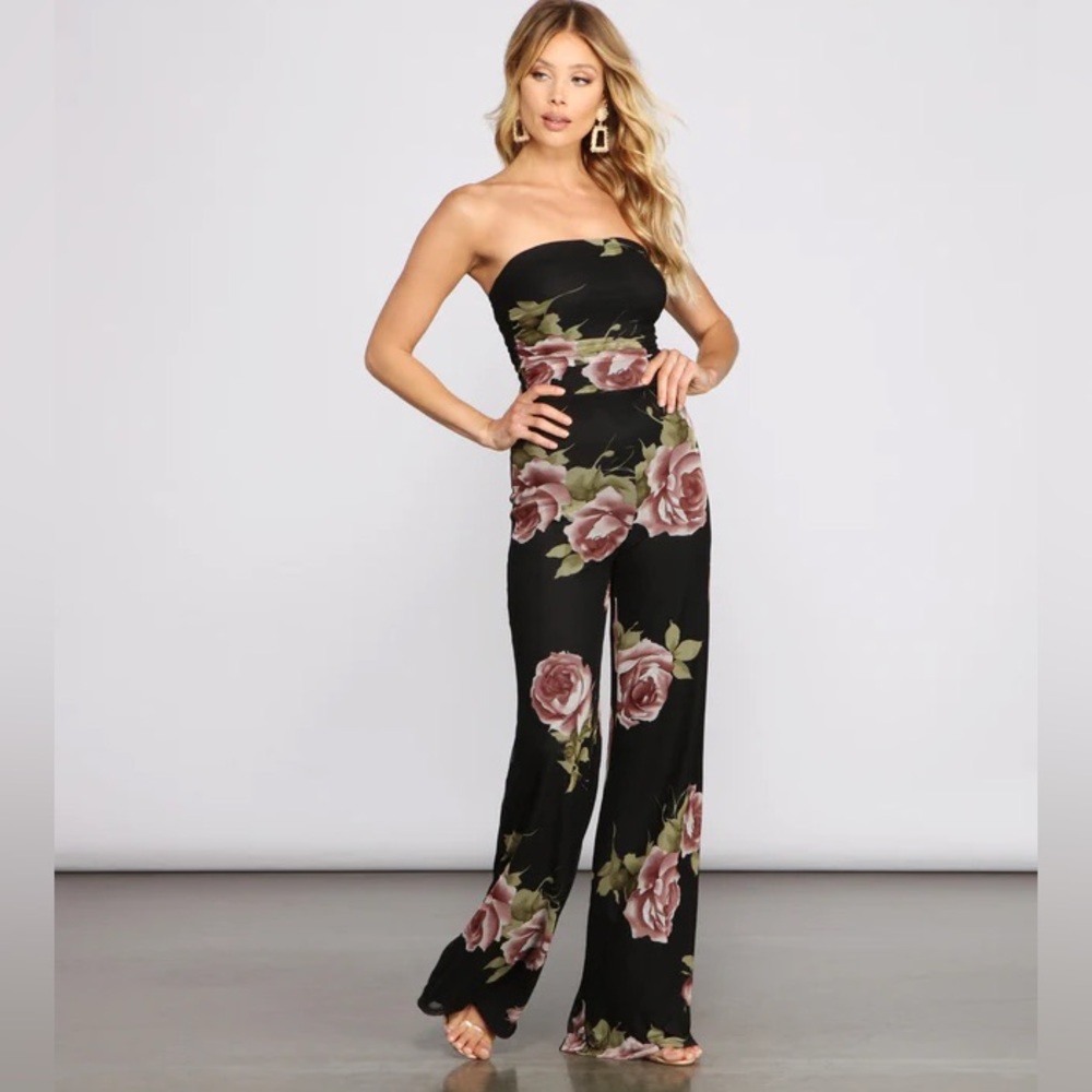 Black floral tube jumpsuit